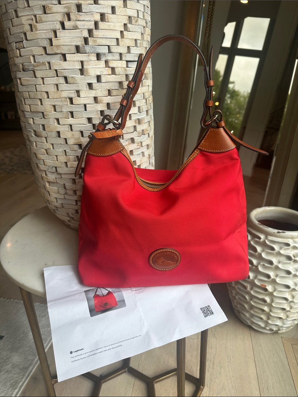 Dooney & Bourke Bright Red Hobo with Brown Leather Trim